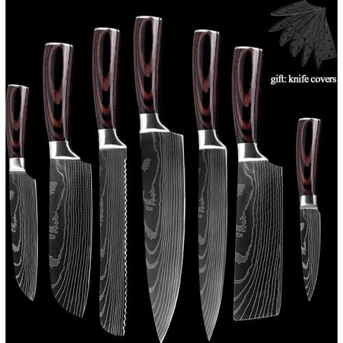 XYj Knives Set Stainless Steel Japanese Damascus Laser Pattern Kitchen Accessories Full Tang Chopping Santoku Paring Bread Knife