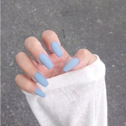 Mid-length Blue Frosted False Nail Trapezoid European and American Nail Patch Finished Wearable Detachable Fake Nail Patch NEW