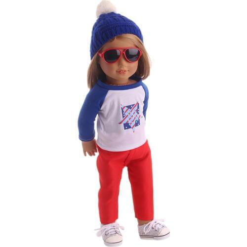 Doll Clothes Cool Casual Pentagon Pattern Tops Red Trousers+Hat For 18 Inch American Doll & 43 Cm Born Doll Girl`s (no shoes)