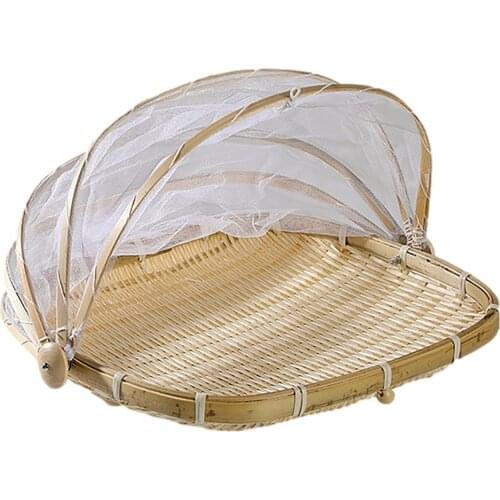 Hand Woven Bug Proof Basket Dustproof Kithen Picnic Basket Handmade Fruit Vegetable Bread Cover Wicker Basket With Gauze