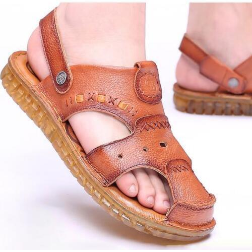 Beach Shoes Summer New Men Genuine Leather Sandals trend Leisure top layer Cowhide Baotou Latex Pad Sandals Mens Shoe Student