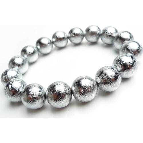 Genuine Natural Gibeon Meteorite Silver Plated Bracelets Women Men 14mm Stretch Charm Big Round Beads Bracelet