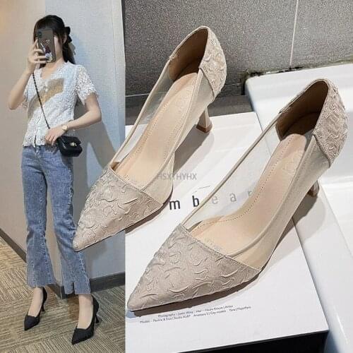 Women Shoes High Heels Embroidered Lace All-match Comfortable Shoes Stiletto Heels Fashion Ladies High Heels Mesh Womens Shoes
