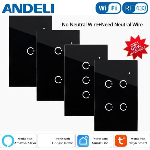 ANDELI No Neutral Wire Smart Wifi Light Switch Touch by Smart Life Tuya APP control Alexa Google Home Compatible 1/2/3/4 Gang US