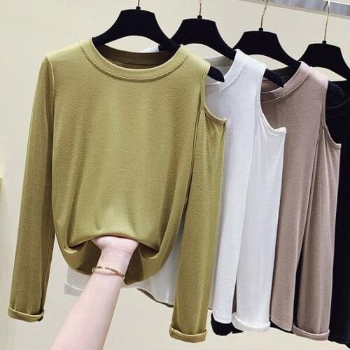 Hollow Out T Shirt Women Off Shoulder Slim Long Sleeve Soft Cotton Tee Shirt Femme Autumn Casual High Elasticity Woman Tshirts