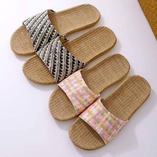 Womens/Mens Summer Flax Slippers Indoor Bathroom Home Shoes Ladies/Male Stripe Linen Slides Couple Flip Flops Female Sandals