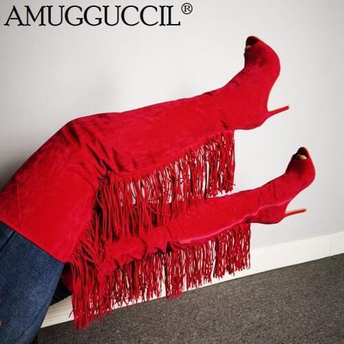2020 New Plus Big Size 35-52 Red Rose-red Tassel Zip Fashion Sexy Thigh High Heel Over The Knee Lady Women Autumn Boot X1895