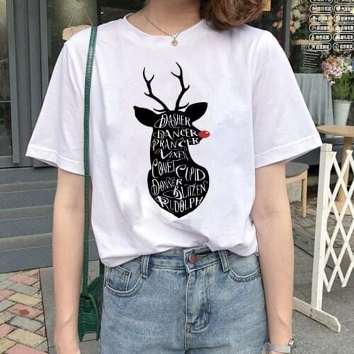 Ladies Cartoon Santa Reindeer Printed Tops Tee Short Sleeve T-shirts Women Party Tshirt Merry Christmas T Shirt