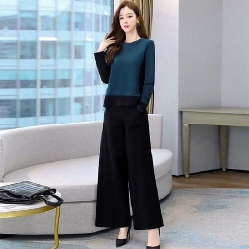 Womens Spring Suit 2021 Autumn New Two Piece Set Fashion Korean Wide Leg Pants Long Sleeve Crop Top Elegant For Women Clothing