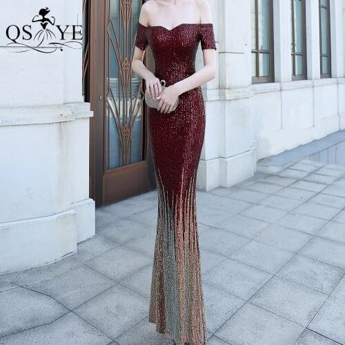 Burgundy Mermaid Long Prom Dress Elastic Fade Evening Gown Off Shoulder Formal Gown Short Sleeves Girl Party Sweetheart Dress