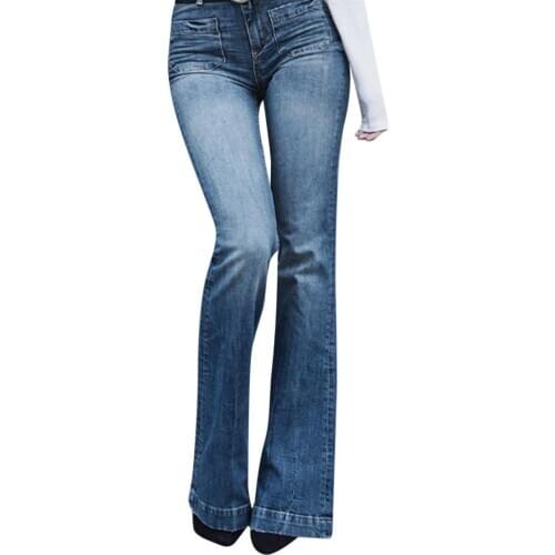 2019 Fashion Women Autumn Elastic Plus Loose Denim Pocket Casual Boot Cut Pant Jeans Plus Size Female Ladies Trousers