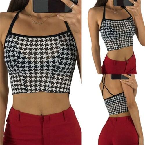 2021 Fashion Trend Women Sexy Cami Tank Tops Spaghetti Strap Houndstooth Print Criss Cross Summer Fitting New Casual Camisole