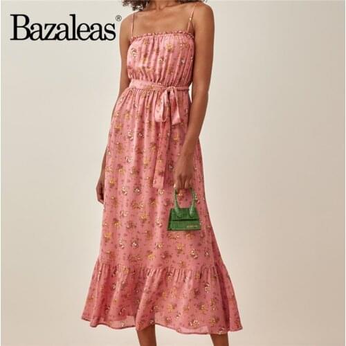 Bazaleas Sexy Pink Floral Print Sashes Bandage Vestidos Vintage Spaghetti Straps Midi Women Dress Retro Ruffles Dresses
