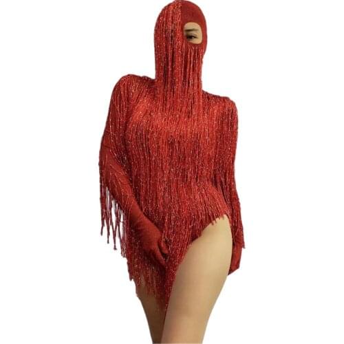 Red Full Fringe Long Sleeves Bodysuit Women Dancer DJ DS Evening Outfit Removable Headdress Birthday Celebrate Dance Wear Prom