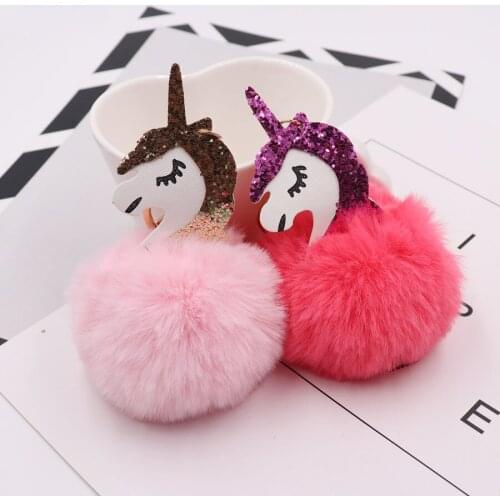 Pom Unicorn Keychain Rabbit Fur Ball Horse Key chain porte clef holder fluffy pompon Bag Car Key Ring For Women Accessories