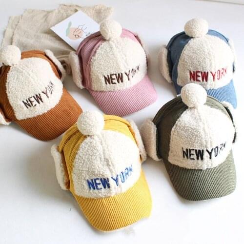 Children hat baby Cute hats baseball cap Boys and girls Autumn winter warm earmuffs lamb wool embroidered corduroy peaked cap