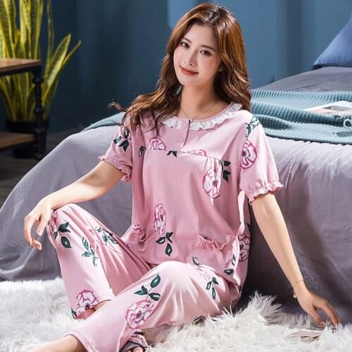 Womens Pajamas Set Lace O-Neck Sleepwear Cotton Lingerie Flower Print Pajamas Female Sleepwear Big Yards 4XL Women Suit Home