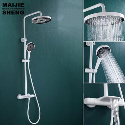 White Shower Set Bathroom ThermostaticShower System Wall Mount Hot Cold Mixer Bath Faucet Square Head SPA Rainfall Waterfall Tap