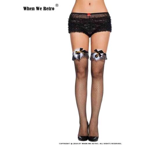 When We Retro Sexy Black Thigh High Fishnet Stockings With Bow Ladies Fancy Thigh High Sheer Stockings Bells Top VS0010