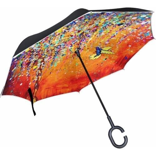 Colorful Hummingbird Reverse Umbrella Double Layer Inverted Parasol Rain Women Strong Windproof Fluorescent Strips Paraguas Men