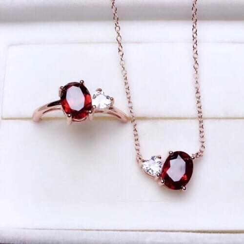 Fashion natural garnet ring and necklace jewelry set for women real 925 silver good red color girl party birthday gift sale