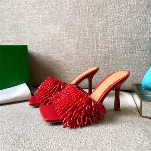 New Fashion Square Toe High Heels Mules Shoes Women Summer 2021 Luxury String Bead Leather Slippers Shoes Lady Sandals Shoes