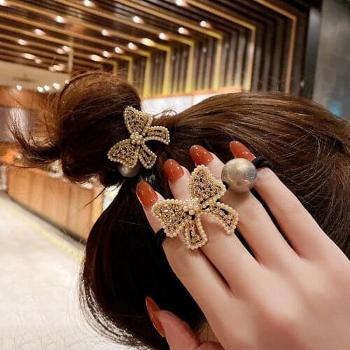 New Style Diamond-encrusted Bowtie Pearl Hair Rope Simple Head Rope Horsetail Meatball Head Leather Band