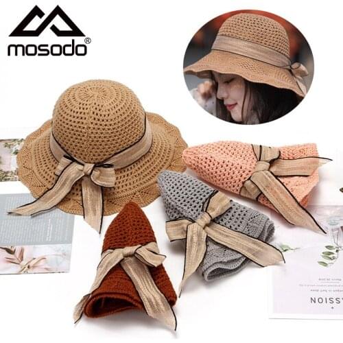 Mosodo Women Bucket Hat Sunscreen Bow Knot Knitted Hollow Out Ribbon Ladies Foldable Outdoor Beach Summer Retro Cap
