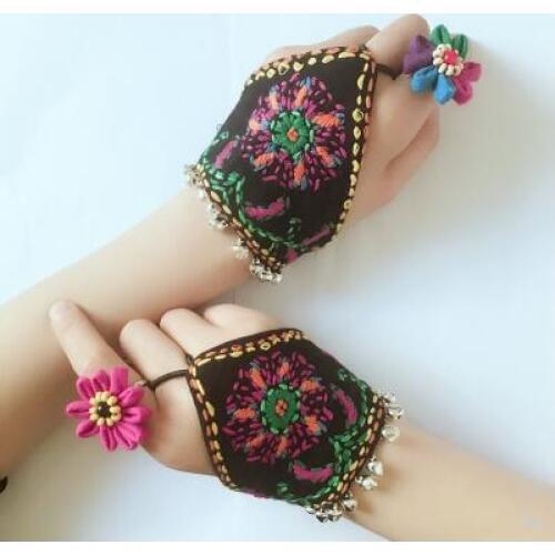 National style features gloves hand-embroidered flower sleeves fabric wristband accessories bells bracelet women