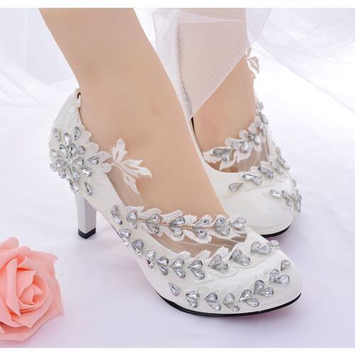 Luxury white lace big crystal stones decoration wedding shoes bride handmade plus size HS391 platforms bridal bridesmaid pumps