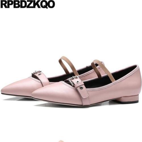 Pink Drop Shipping 2018 Cowhide Shoes Mary Jane Women Genuine Leather Flats Korean Spring Autumn Pointed Toe Ladies Belts Strap