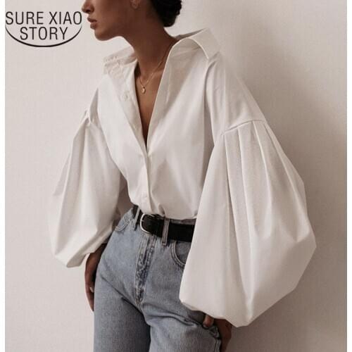 Lantern Sleeve Elegant Shirt White Black Sexy Button Vintage Blouse Turn Down Collar Office Lady Shirt Female Casual Loose 10903