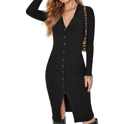 Spring and Autumn Sexy Slim v-neck women knitted skirt long sleeve dress Elegant party female Button Cardigan sweater dress