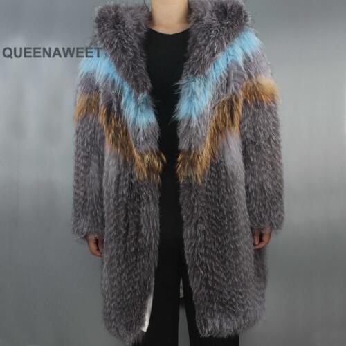 New Arrival X-Long Knit Silver Fox Fur Coat With Fur Hood Real Fur Jacket Geometric Pattern Winter OverCoat Free Size