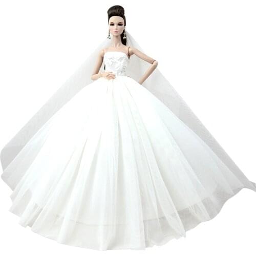 1 Set Princess Wedding Dress White Skirt Party Gown Elegant + Fashion Head Veil Clothes for Barbie Doll Accessories Baby Toy