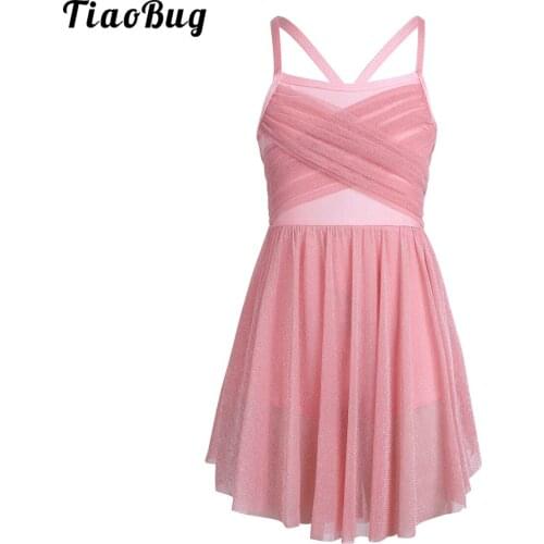 TiaoBug Kids Girls Glittery Mesh Spaghetti Shoulder Straps Ballet Latin Dance Gymnastics Leotard Dress