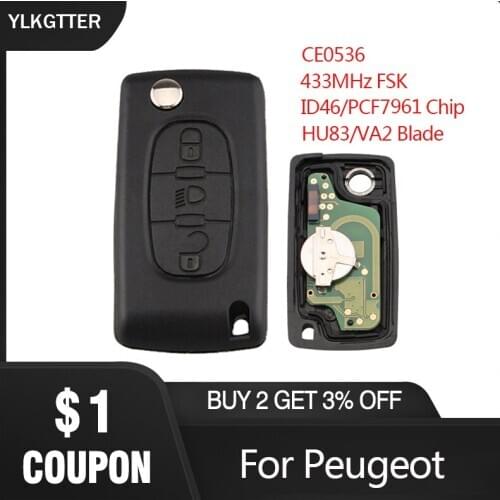 YLKGTTER 3 Button FSK Remote Key Work for Peugeot 207 307 208 308 408 Partner Auto Door Lock Controller CE0536, VA2/HU83 Blade