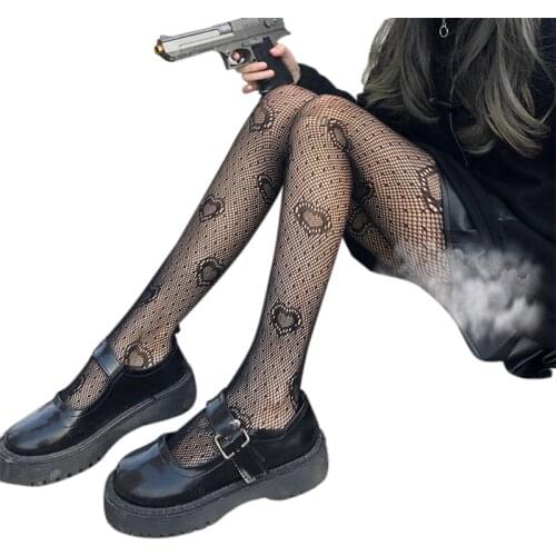 Women Black Heart Dot Jacquard Fishnet Pantyhose Gothic Punk Hollow Out Mesh See-Through Tights Stockings Lingerie Cosplay
