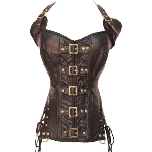 Womens Gothic Steampunk Corset Halter Brown Steel Boned Vintage Sexy Underbust Corsets Leather Gather Waist Slim Corset Top