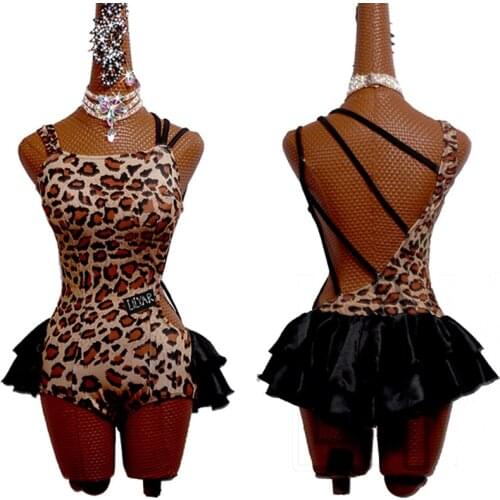 Sexy Latin Dance Costume Backless Leopard Bodysuit Dress Pole Dance Rumba Salsa Performance Clothes Female Dance Dress BL6747