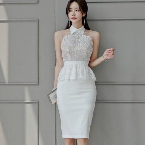 New Sexy Hollow Out White Lace Dress Women Summer Sleeveless O-Neck Off Shoulder Knee Length Black Dress Female Vestidos Skinny