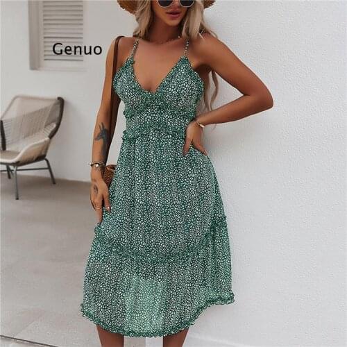 Female Dress, Floral Print V-Neck Sleeveless One-Piece Spaghetti Strap Sundress for Summer, Red/Black/Blue/Green