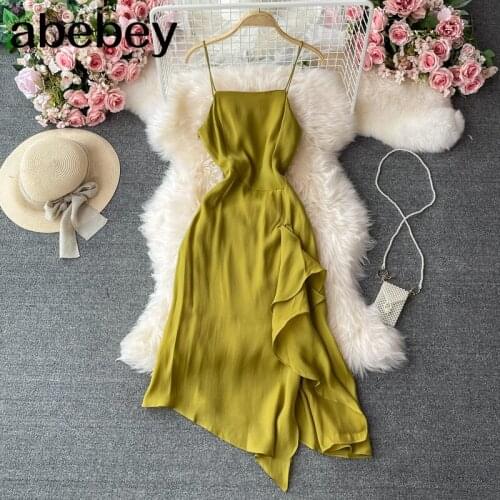 2021 New Summer Women Vintage Sleeveless off shoulder Dress high waist backless irregular Ruffles solid strap Dress