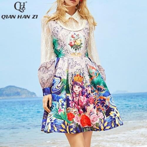 Qian Han Zi designer high-end custom fashion dress Women Lantern sleeve Beaded lace slim print vintage dress