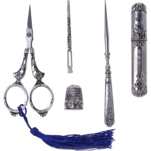 1 Set Vintage Embroidery Scissor Needle Case Sewing Thimble Awl Needlework Tools