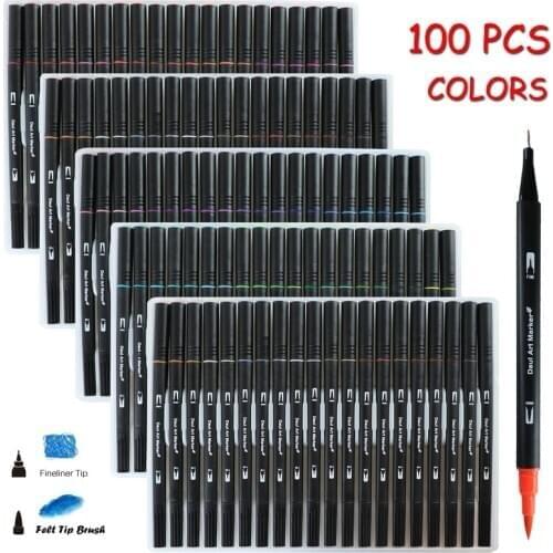 100 PCS Colors Art Markers Pens Brush and Fineliner Watercolor Drawing Painting Pens for Coloring Manga Calligraphy Stationery