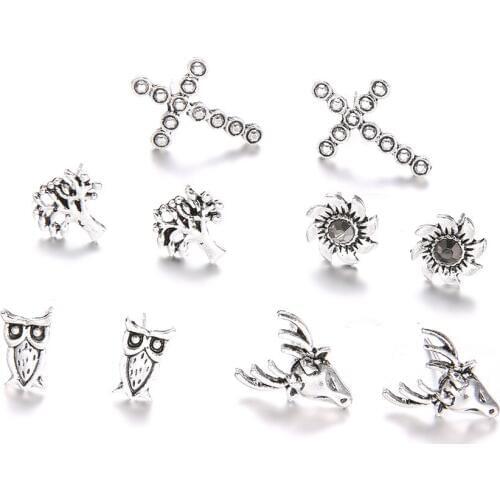 60 Pairs/lot Owl Cross Elk Sun Tree Small Stud Earrings Set Men Women Girl Geometric Jewelry Antique Silver Color Animal Earring