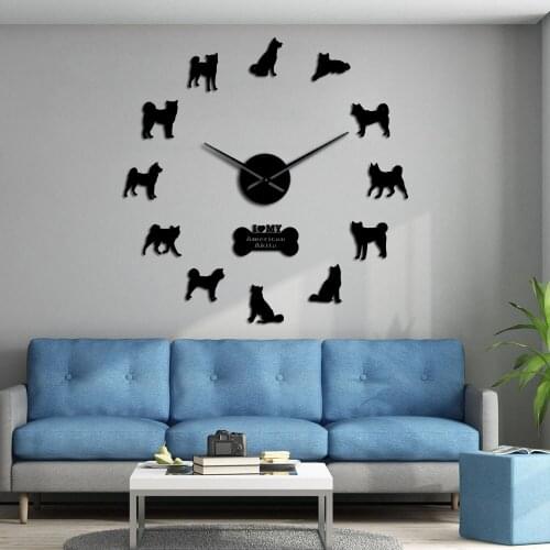 American Akita Dog Breed Self Adhesive 3D DIY Wall Clock Akita Owner Gift Living Room Unique Design Mirror Sticker Wall Watch