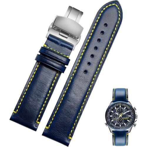 For Substitute Citizen AT8020 JY8078 wristband genuine leather strap 23mm blue Watch Band with folding buckle bracelet