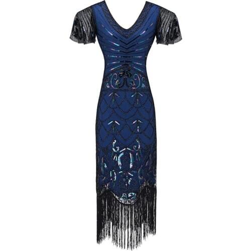 Womens Vintage 1920s Fringed Art Deco Gatsby Sequin Beaded Tassels Hem Flapper With Sleeveless Costume Dress